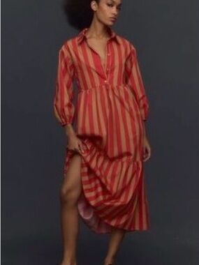 Maeve by Anthropology Red and beige  Striped Midi Shirtdress
